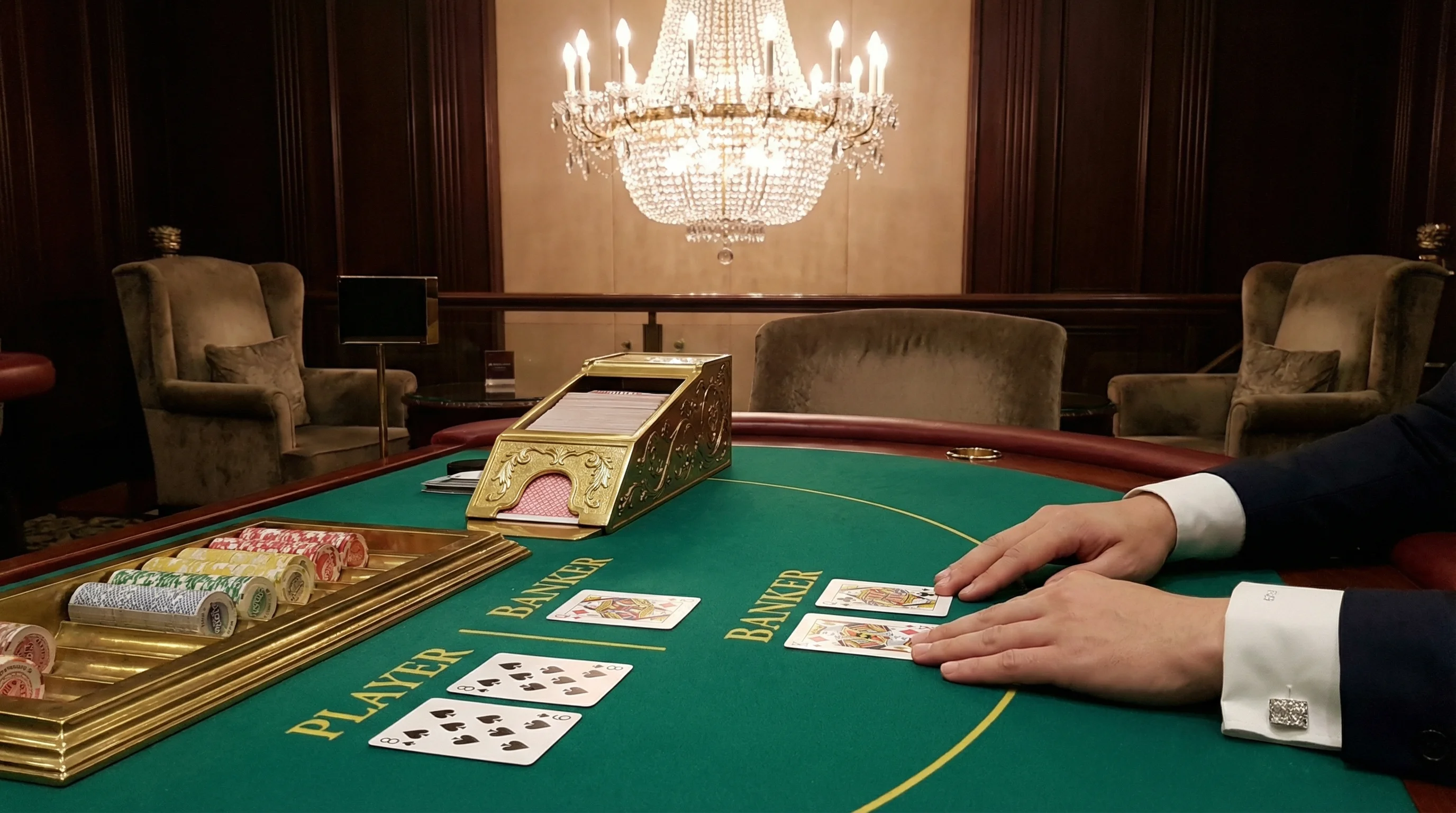 Mesa de bacará VIP con cartas y fichas de casino