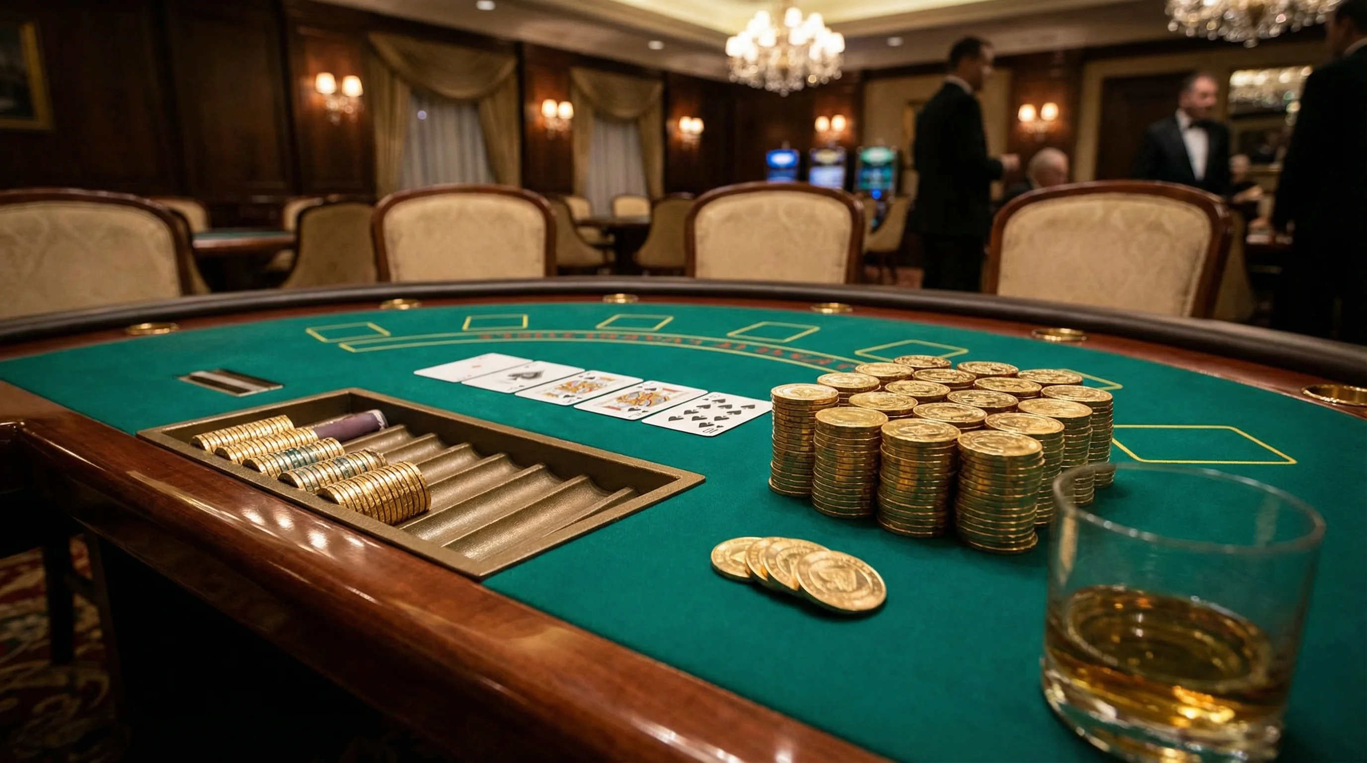 Mesa de poker Texas Holdem con cartas y fichas